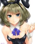  animal_ears bare_shoulders blue_eyes breasts brown_hair bunny_ears bunnysuit cleavage green_eyes heterochromia highres idolmaster idolmaster_cinderella_girls looking_at_viewer mole mole_under_eye paopao short_hair small_breasts smile solo takagaki_kaede 