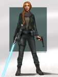  1girl absurdres artist_name black_boots black_gloves black_pants blue_lightsaber boots braid braided_ponytail energy_sword full_body gloves green_eyes green_jacket gun highres holding holding_gun holding_sword holding_weapon iisabelinski jacket lightsaber long_hair looking_at_viewer mara_jade open_clothes open_jacket orange_hair pants single_glove solo star_wars sword weapon 