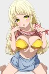  1girl bang_dream! bikini blonde_hair blue_skirt breasts clothes_lift commentary gold_bikini highres large_breasts long_hair looking_at_viewer navel noshimurin red_shirt shirt shirt_lift simple_background skirt solo stomach striped_clothes striped_shirt swimsuit tsurumaki_kokoro white_background yellow_eyes 