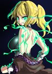  &gt;:( alternate_hairstyle angry arm_warmers back backless_outfit bare_shoulders blonde_hair breasts clenched_teeth clothes_down commentary_request energy eyes from_behind frown glowing glowing_eyes green_eyes halterneck highres hitotsuki_nebura large_breasts looking_at_viewer looking_back mizuhashi_parsee pointy_ears ponytail short_hair skin_tight sleeveless slit_pupils solo teeth touhou upper_body v-shaped_eyebrows 