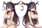  antenna_hair atg_(wttoo0202) bandaged_arm bandages bikini black_hair breasts cleavage danua draph granblue_fantasy highres horns large_breasts long_hair multiple_views pointy_ears red_eyes side-tie_bikini simple_background swimsuit thumb_sucking white_background 