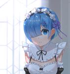  blue_eyes blue_hair detached_sleeves hair_ornament hair_over_one_eye looking_at_viewer maid mebin re:zero_kara_hajimeru_isekai_seikatsu rem_(re:zero) short_hair solo x_hair_ornament 