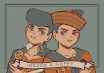  118ween 2boys anchor_ornament character_name diamond_wa_kudakenai dixie_cup_hat english_commentary english_text gakuran grey_eyes grey_hair grey_jacket grey_sailor_collar hat heterochromia higashikata_josuke higashikata_josuke_(jojolion) high_collar jacket jojo_no_kimyou_na_bouken jojolion looking_at_another military_hat multiple_boys orange_eyes orange_hat orange_shirt peace_symbol pompadour sailor_collar sailor_hat school_uniform shirt smile teeth 