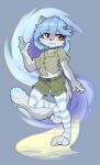 accessory anthro belt big_eyes blouse blue_accents blue_clothing blue_footwear blue_hair blue_legwear blue_pawpads blue_socks bottomwear clothed clothing collar digital_media_(artwork) domestic_cat english_text eyelashes fangs felid feline felis female flat_chested footwear fur green_clothing green_legwear green_topwear grey_body grey_fur hair hair_accessory hairclip hi_res legwear mammal mouth_closed navel one_leg_on_ground one_leg_up pattern_clothing pattern_footwear pattern_legwear pattern_socks pawpads pose raised_leg ravistdash shorts simple_background small_nose smile socks solo striped_clothing striped_footwear striped_socks stripes tail teeth text topwear yellow_eyes