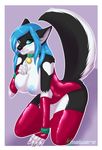  all_fours anthro areola arm_warmers big_breasts blue_hair breasts canine clothing collar featureless_crotch female hair legwear looking_at_viewer malware mammal nipples rubber simple_background smile solo teeth thigh_highs 