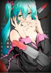  absurdres aqua_hair bangs black_background black_dress blurry bra_slip bra_strap breasts butterfly_hair_ornament closed_mouth collarbone depth_of_field dress eyebrows eyebrows_visible_through_hair fingernails frills gradient gradient_background green_eyes hair_between_eyes hair_ornament hatsune_miku highres honey_whip_(module) large_breasts lipstick_tube long_fingernails long_hair long_sleeves looking_at_viewer nail_polish off_shoulder polka_dot polka_dot_background project_diva_(series) project_diva_f red_nails smile solo sweet_devil_(vocaloid) twintails very_long_hair vocaloid xinshijie_de_akalin 