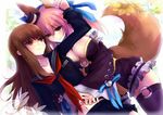  animal_ears bare_shoulders black_legwear black_serafuku blue_bow blush bow clothes_lift commentary_request detached_sleeves eye_contact fate/extra fate_(series) fox_ears fox_tail hair_bow hat kishinami_hakuno_(female) long_hair looking_at_another mini_hat mini_top_hat multiple_girls navel neckerchief school_uniform serafuku smile tail tamamo_(fate)_(all) tamamo_no_mae_(fate) thighhighs top_hat tsukumihara_academy_uniform_(fate/extra_ccc) wide_sleeves yude yuri 