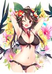  ;d alternate_costume armpits arms_up between_breasts bikini black_bikini black_wings blush bow breasts brown_hair daisy feathered_wings floral_background flower frills front-tie_top green_bow groin hair_bow hair_flower hair_ornament halter_top halterneck hibiscus large_breasts light_particles lily_(flower) long_hair navel one_eye_closed open_mouth petals pink_flower red_eyes red_flower reiuji_utsuho smile solo stomach strap_gap sunflower swimsuit tetsurou_(fe+) third_eye touhou transparent white_background white_flower wings yellow_flower 