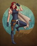  1girl adjusting_eyewear black_bodysuit black_boots black_gloves bodysuit boots breasts energy_sword full_body gloves green_eyes gun highres holster lightsaber long_hair looking_at_viewer mara_jade medium_breasts rathskeller7 red_hair sleeveless sleeveless_bodysuit solo star_wars sword weapon 