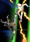  2girls absurdres black_boots black_gloves black_hat black_jacket black_shorts blazblue blonde_hair blue_hair boots colphne_(girls'_frontline_2) commentary english_commentary full_body girls'_frontline girls'_frontline_2:_exilium gloves hat high_kick highres jacket kicking multiple_girls non-web_source open_clothes open_jacket parody senpaihawkkun sextans_(girls'_frontline_2) short_hair shorts split standing standing_on_one_leg standing_split white_boots white_hat white_jacket 