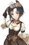  1girl animal_ear_fluff animal_ears antenna_hair armband black_eyes black_hair blush bob_cut bow bowtie breasts brown_armband brown_corset brown_gloves cleavage_cutout clothing_cutout commentary_request contrapposto corset cowboy_shot detached_collar dirndl fox_ears fox_girl fox_tail frilled_cuffs fur-trimmed_gloves fur-trimmed_shirt fur_trim german_clothes gloves grin hand_on_own_ear highres idolmaster idolmaster_(classic) idolmaster_2 idolmaster_million_live! idolmaster_million_live!_theater_days kemonomimi_mode kikuchi_makoto konkon_comfort_(idolmaster) long_sleeves looking_at_viewer loose_hair_strand miyagi neck_ribbon parted_lips red_bow red_bowtie red_ribbon ribbon shirt short_hair simple_background small_breasts smile solo standing tail tomboy white_background white_shirt 