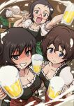  4girls @_@ akaboshi_koume alcohol apron arm_up beer beer_mug black_dress black_eyes black_hair blue_eyes brown_hair closed_mouth commentary cup dirndl dress drunk ehirorotoon german_clothes girls_und_panzer green_apron grey_hair hida_ema highres holding holding_cup itsumi_erika katsuya_megu leaning_forward medium_hair mug multiple_girls open_mouth puffy_short_sleeves puffy_sleeves red_apron rimless_eyewear round_eyewear saliva short_hair short_sleeves sitting smile table twitter_username v waist_apron 