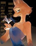  1boy 1girl blue_dress breasts cleavage cup diane_foxington dress fox_girl foxmoon_omu furry giant giantess grey_fur holding holding_cup looking_at_viewer medium_breasts mr._wolf orange_fur sitting the_bad_guys_(film) wolf_boy 