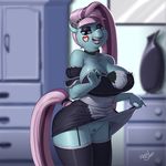  2016 anthro anthrofied blue_eyes breasts cleavage clothed clothing coloratura_(mlp) earth_pony equine eyeshadow female friendship_is_magic hair half-closed_eyes horse inside kevinsano legwear looking_at_viewer makeup mammal multicolored_hair my_little_pony open_mouth pony pussy solo stockings two_tone_hair 