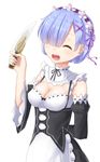  :d apron arm_behind_back blue_hair breasts cleavage closed_eyes cowboy_shot detached_collar detached_sleeves hair_ornament hair_over_one_eye hair_ribbon highres holding holding_knife ji_dao_ji knife maid maid_apron maid_headdress medium_breasts open_mouth re:zero_kara_hajimeru_isekai_seikatsu rem_(re:zero) ribbon shiny shiny_hair short_hair simple_background smile solo teeth white_background x_hair_ornament 