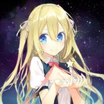  blonde_hair blue_eyes blush breasts cleavage hair_ribbon long_hair looking_at_viewer night night_sky original ribbon sky small_breasts smile solo star star_(sky) starry_sky tika_(mika4975) two_side_up 