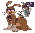2024 5_fingers all_fours anthro blue_bow bottomless bow_tie breasts brown_body brown_eyes bubble_butt buckteeth butt button_(fastener) close-up clothed clothing digital_media_(artwork) directional_arrow duo english_text eyelashes eyeliner eyeshadow feet female femboy fingers five_nights_at_freddy&#039;s five_nights_at_freddy&#039;s:_help_wanted five_nights_at_freddy&#039;s:_security_breach floppy_ears fnaf_vr_help_wanted gesture glitchtrap gloves grey_body half-closed_eyes hand_gesture handwear lagomorph larger_male leporid looking_at_another looking_back makeup male mammal mascara mascot mascot_costume multicolored_body nanocorpx narrowed_eyes one_eye_closed open_mouth pantsless patchwork_creature purple_bow purple_bow_tie purple_clothing purple_eyes purple_topwear rabbit rabbit_ears red_eyes scottgames scut_tail seam_(sewing) short_tail simple_background sitting sitting_on_another size_difference smaller_female soles steel_wool_studios stitch_(sewing) tail teeth text tongue tongue_out topwear two_tone_body v_sign vanny_(fnaf) vest whiskers white_background white_body white_clothing white_gloves white_handwear wink