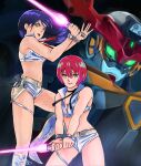 2girls absurdres amate_yuzuriha aqua_eyes black_hair boots breasts commentary_request cosplay crop_top dirty_pair energy_blade energy_sword glowing gquuuuuux green_eyes gun gundam gundam_gquuuuuux highres holding holding_sword holding_weapon kobakin long_hair long_sleeves looking_at_viewer mecha midriff mobile_suit multiple_girls nyaan_(gundam_gquuuuuux) open_mouth parody red_hair robot science_fiction short_hair shorts sword v-fin weapon yellow_eyes 