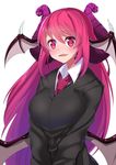  alternate_costume blazer blush breast_hold breasts commentary_request demon_girl demon_horns demon_wings fang head_wings highres hitotsuki_nebura horns jacket koakuma large_breasts long_hair looking_at_viewer necktie parted_lips red_eyes red_hair red_neckwear smile solo touhou upper_body wings 