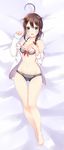  adapted_costume ahoge ass_visible_through_thighs barefoot bed_sheet bikini black_bikini black_hair blue_eyes blush braid collarbone dakimakura full_body hair_flaps hair_ornament hair_over_shoulder hand_on_own_chest highres kantai_collection long_hair looking_at_viewer lying mashiro_aa navel on_back open_clothes open_mouth open_shirt remodel_(kantai_collection) shigure_(kantai_collection) shirt single_braid solo swimsuit teeth wet 