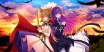  2girls bird black_dress blonde_hair blush breasts cape closed_mouth cloud cross-laced_clothes cross-laced_dress dress earmuffs flying game_cg gradient_hair highres hijiri_byakuren interlocked_fingers kuro_namako layered_dress long_hair long_sleeves looking_at_viewer multicolored_hair multiple_girls official_art open_mouth outdoors own_hands_together pointy_hair purple_cape purple_hair purple_skirt red_cape ritual_baton shirt skirt sleeveless sleeveless_shirt smile third-party_source touhou touhou_lostword toyosatomimi_no_miko two-sided_cape two-sided_fabric very_long_hair white_dress yellow_eyes 