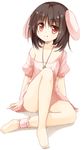  :q animal_ears ankle_cuffs bare_legs barefoot brown_hair bunny_ears dress feet flat_chest floppy_ears full_body inaba_tewi jewelry legs licking_lips looking_at_viewer necklace off-shoulder_dress off_shoulder red_eyes short_hair sitting smile solo tongue tongue_out touhou yuuhagi_(amaretto-no-natsu) 