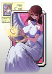  1girl angel_wings arm_cuffs bare_shoulders blue_eyes bracer breasts brown_hair card casting_spell dress duel_monster expressionless eyelashes feathered_wings hair_between_eyes halter_dress halterneck highres large_breasts maiden_of_the_moonlight medium_hair pixel_art pixelated pointy_ears shakeeeeeeeee sitting solo white_dress white_wings wings yu-gi-oh! yu-gi-oh!_dark_duel_stories 
