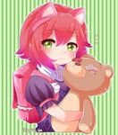  1girl animal_ears annie_hastur backpack bag bangs closed_mouth fake_animal_ears green_background green_eyes hair_between_eyes holding holding_stuffed_animal league_of_legends looking_at_viewer otani_(kota12ro08) pink_hair puffy_short_sleeves puffy_sleeves short_hair short_sleeves simple_background stuffed_animal stuffed_toy teddy_bear tibbers twitter_username vest 