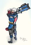  boots clothes_writing energy_gun face_mask gloves grey_hair gun highres jacket looking_back male_focus mask north_abyssor old_man overwatch pants rifle scar sketch soldier:_76_(overwatch) solo visor weapon 