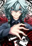  ace ace_of_spades blue_eyes braid card club_(shape) diamond_(shape) heart highres izayoi_sakuya playing_card shirt shukusuri silver_hair smirk solo spade_(shape) touhou twin_braids 