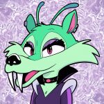 alien animated antennae_(anatomy) black_nose blue_sky_studios bodysuit choker clothing ear_piercing ear_ring fangs female fur green_body green_fur ice_age_(series) jewelry necklace piercing pink_eyes purple_bodysuit purple_clothing purple_skinsuit ring_piercing sabertooth_(anatomy) scratazon scratazon_leader skinsuit teeth tight_clothing trevor-fox
