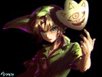  1boy amalgam4242 black_background blonde_hair blue_eyes green_hat green_tunic hat highres link looking_at_viewer male_focus mask open_mouth pointy_ears pointy_hat short_hair short_sleeves shoulder_belt signature solo the_legend_of_zelda the_legend_of_zelda:_majora&#039;s_mask tunic unworn_mask upper_body young_link 