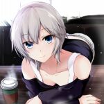  1girl anastasia_(idolmaster) bent_over blue_eyes breasts cleavage commentary_request cup disposable_coffee_cup disposable_cup downblouse grey_hair grey_shorts idolmaster idolmaster_cinderella_girls kiki_(koikuchikinako) off-shoulder_shirt off_shoulder shirt short_hair short_shorts shorts small_breasts smile solo steam 