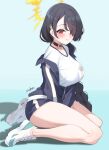  1girl absurdres alternate_costume artist_name black_choker black_hair blue_archive blue_background blue_jacket blue_shorts blush braid breasts choker closed_mouth cross cross_earrings earrings eyes_visible_through_hair from_side full_body hair_over_one_eye halo highres hinata_(blue_archive) jacket jewelry kurochomo large_breasts long_hair looking_at_viewer partially_unzipped red_eyes shirt shoes shorts simple_background sitting sneakers solo thighs very_long_hair white_shirt white_shoes yellow_halo yokozuwari 