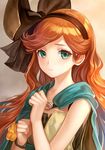  bad_id bad_pixiv_id bare_shoulders bracelet cape clenched_hands colored_eyelashes granblue_fantasy green_eyes hair_ribbon hairband jewelry lips long_hair looking_at_viewer orange_hair ribbon sara_(granblue_fantasy) siro sleeveless solo upper_body wavy_hair 