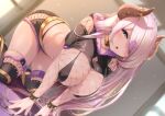  :o absurdres all_fours alternate_costume black_nails black_shorts blue_eyes bracelet breasts commission covered_nipples fishnet_top fishnets granblue_fantasy hair_over_one_eye hanging_breasts highres horns huge_breasts jewelry lactation lactation_through_clothes looking_at_viewer narmaya_(granblue_fantasy) nironiro pink_hair pixiv_commission shorts spiked_bracelet spikes thighhighs 