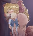  1girl blonde_hair blush bow censored character_request copyright_request cum cum_in_mouth dragon_knights_glorious dress drill_hair eyes_closed fellatio hair_bow irrumatio lilith_rambaldi long_hair oral penis pink_dress tears twintails yozo_(yozo2000) 