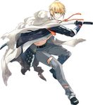  armor blonde_hair full_body green_eyes japanese_armor katana kote kusazuri male_focus official_art open_clothes shoulder_armor sode solo sword toichi_(ik07) torn_clothes touken_ranbu transparent_background weapon yamanbagiri_kunihiro 