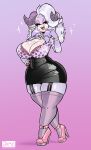 2025 2_horns absurd_res anthro bedroom_eyes black_bottomwear black_clothing black_skirt blue_eyes bottomwear bovid breasts caprine cleavage clothed clothed_anthro clothed_female clothing colored_nails ear_piercing eyeshadow female fingernails footwear fur garter_straps gem hair hi_res high_heels horn jamoart jewelry legwear leopard_print_clothing looking_at_viewer makeup mammal nails narrowed_eyes necklace pearl_(gem) pearl_necklace piercing pink_clothing pink_eyeshadow pink_fingernails pink_footwear pink_high_heels pink_nails purple_body purple_fur seductive sheep shoes skirt solo stockings thick_thighs thigh_highs white_hair wide_hips
