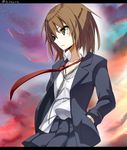  bangs blazer brown_eyes brown_hair buttons collarbone hand_in_pocket jacket kantai_collection letterboxed looking_away looking_to_the_side necktie outdoors pleated_skirt red_neckwear school_uniform shirt skirt sky solo sunset tenrai twitter_username unbuttoned unbuttoned_shirt untucked_shirt wakaba_(kantai_collection) white_shirt 