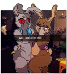 2024 anthro blue_bow bodily_fluids bottomless bow_tie breasts brown_body brown_eyes bubble_butt buckteeth butt button_(fastener) clothed clothing covering covering_face covering_mouth digital_media_(artwork) duo eyelashes eyeliner eyeshadow female femboy five_nights_at_freddy&#039;s five_nights_at_freddy&#039;s:_help_wanted five_nights_at_freddy&#039;s:_security_breach fnaf_vr_help_wanted gesture glitchtrap gloves grey_body half-closed_eyes hand_behind_back hand_gesture hand_on_hip handwear holding_another holding_partner lagomorph leporid looking_at_viewer looking_away makeup male mammal mascara mascot mascot_costume multicolored_body nanocorpx narrowed_eyes one_eye_closed pantsless patchwork_creature photo_background photography_(artwork) purple_bow purple_bow_tie purple_clothing purple_eyes purple_topwear rabbit rabbit_ears raised_leg red_eyes scottgames scut_tail seam_(sewing) short_tail simple_background smug smug_expression smug_face steel_wool_studios stitch_(sewing) sweat sweatdrop tail teeth topwear two_tone_body vanny_(fnaf) vest whiskers white_background white_body white_clothing white_gloves white_handwear wink winking_at_viewer