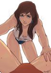  absurdres asami_sato ass_visible_through_thighs avatar_(series) blue_eyes blue_panties breasts brown_hair downblouse female_pov from_below hair_tubes hand_on_thigh highres korra looking_at_viewer medium_breasts multiple_girls no_pants out_of_frame panties parted_lips pov red_panties shanry shirt signature sketch sleeveless sleeveless_shirt spread_legs sweat tan the_legend_of_korra thighs underwear white_background yuri 
