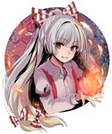  artist_name asa_(coco) blush bow eyebrows eyebrows_visible_through_hair fire flame fujiwara_no_mokou grin hair_bow long_hair looking_at_viewer outstretched_hand red_eyes silver_hair smile solo suspenders touhou upper_body 