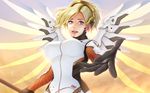  backlighting black_gloves blonde_hair blue_eyes breasts cloud eyelashes from_below gloves glowing glowing_wings gradient high_ponytail highres holding holding_weapon horiishi_horuto large_breasts long_hair looking_at_viewer md5_mismatch mechanical_halo mechanical_wings mercy_(overwatch) outstretched_arm overwatch palms sky solo sun swiss_flag upper_body wallpaper weapon wing_print wings yellow_wings 