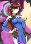  bangs bodysuit breasts brown_eyes brown_hair covered_navel d.va_(overwatch) facial_mark gloves headphones keikyu_(tiltedcube) large_breasts long_hair looking_at_viewer mecha meka_(overwatch) overwatch pilot_suit skin_tight smile solo whisker_markings 