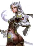  absurdres armor artist_name artstation_sample ass bodysuit breastplate breasts character_name closed_mouth cyborg from_behind genderswap genderswap_(mtf) genji_(overwatch) gloves green_eyes highres holding holding_sword holding_weapon image_sample katana lips long_hair looking_at_viewer looking_back low-tied_long_hair mechanical_arm motion_blur no_headwear no_helmet overwatch raypier shuriken silver_hair small_breasts solo sword upper_body watermark weapon web_address white_background 