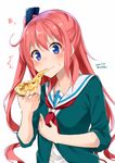  1girl blue_eyes blush cardigan cheese_trail closed_mouth collarbone dated eating food holding holding_food holding_pizza long_hair neckerchief number one_side_up original pink_hair pizza sailor_collar sasahara_wakaba simple_background slice_of_pizza solo sweatdrop twitter_username white_background 