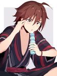  1boy ahoge amagase_touma blush bracelet brown_hair dragon_print eyebrows eyebrows_visible_through_hair froth grey_background idolmaster idolmaster_side-m japanese_clothes jewelry kimono looking_down male_focus open_mouth ramune rectangle red_eyes simple_background solo upper_body yukata 