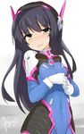  blush breasts cosplay d.va_(overwatch) d.va_(overwatch)_(cosplay) girls_und_panzer gloves looking_at_viewer overwatch reizei_mako signature simple_background small_breasts solo tilt-shift white_background yellow_eyes 