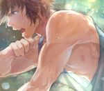  biceps blue_eyes brown_hair clenched_hand gran_(granblue_fantasy) granblue_fantasy karipaku_okusare male_focus muscle nipples open_mouth solo sweat tank_top upper_body wet wet_hair 